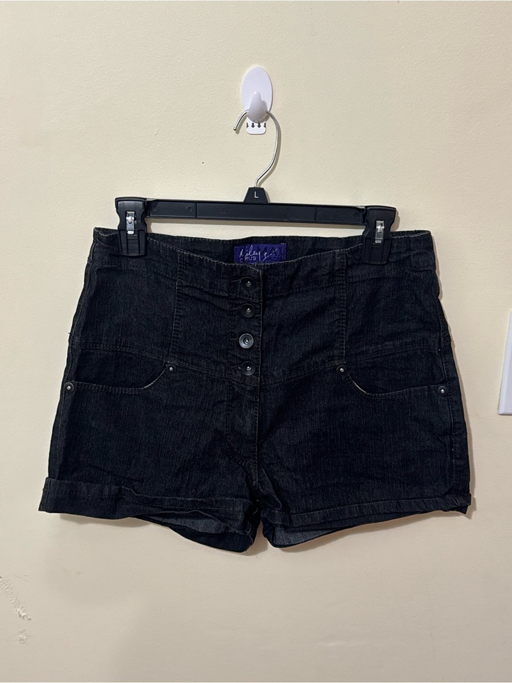 Miley Cyrus & Max Azria Black High-Waist Button Jean Shorts